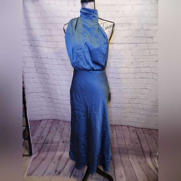 Lulus Dress Womens Small Slate Blue Distinctive Charm Satin Asymmetrical Maxi - Picture 3 of 11